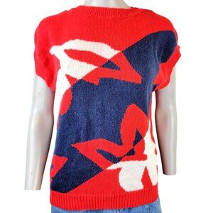 Vintage 80s Abstract Floral Sweater Women Medium Knit Shirt Red Patriotic Top 10